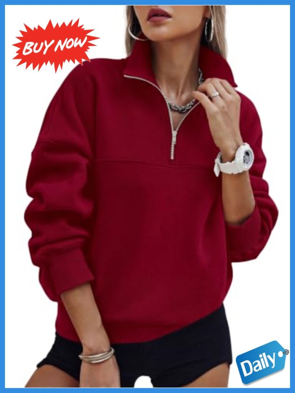 Quarter Zip Fleece Pullover Sweatshirt Cotton Polyester Women